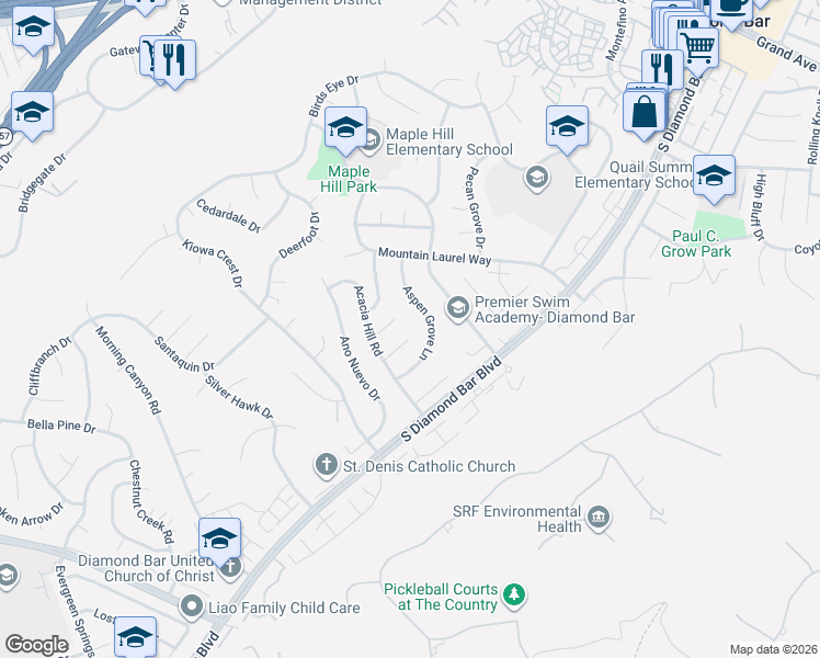 map of restaurants, bars, coffee shops, grocery stores, and more near 22443 Robin Oaks Terrace in Diamond Bar