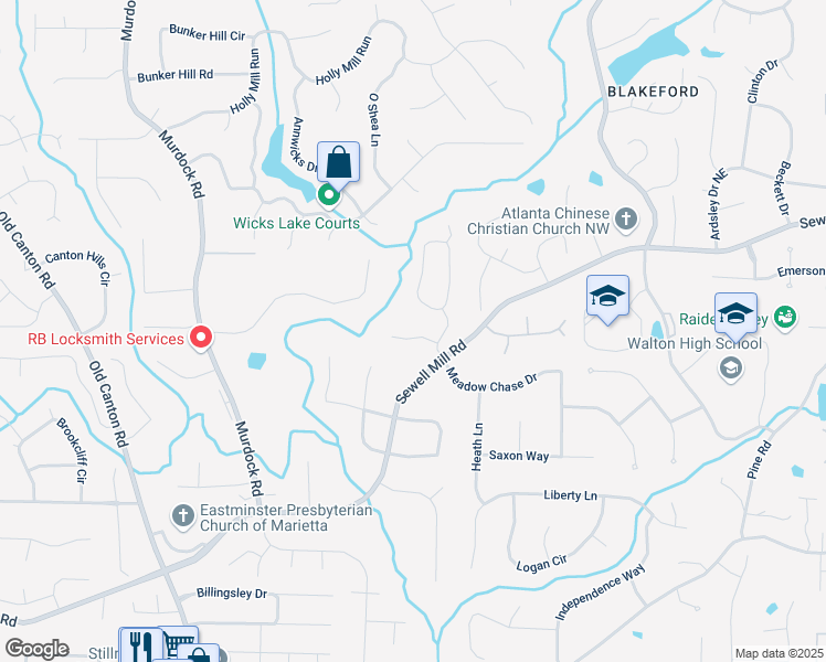 map of restaurants, bars, coffee shops, grocery stores, and more near 3505 Sherborne Chase in Marietta