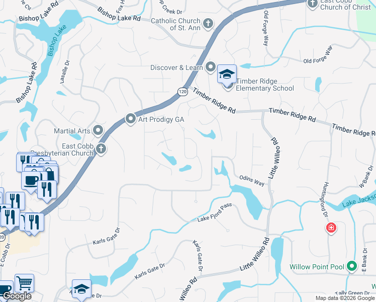 map of restaurants, bars, coffee shops, grocery stores, and more near 4809 Old Timber Ridge Road in Marietta