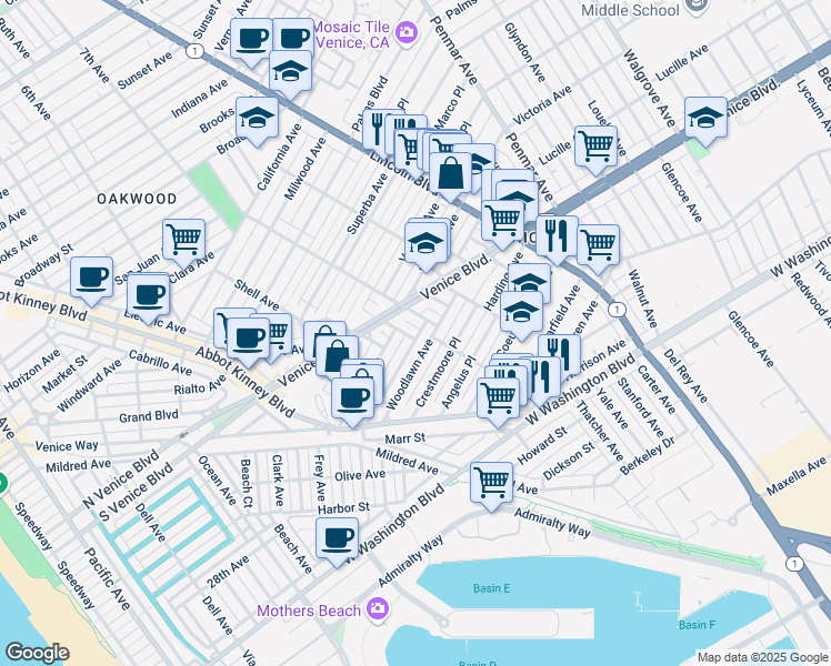 map of restaurants, bars, coffee shops, grocery stores, and more near 2312 Pisani Place in Los Angeles