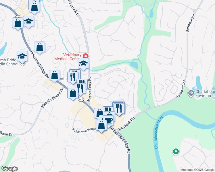 map of restaurants, bars, coffee shops, grocery stores, and more near 440 Chimney Bluff in Alpharetta