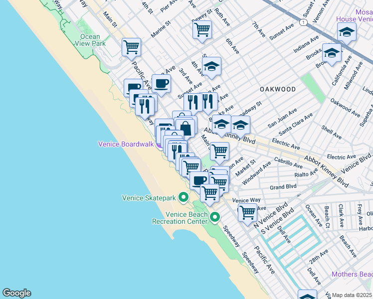 map of restaurants, bars, coffee shops, grocery stores, and more near 45 Breeze Avenue in Los Angeles