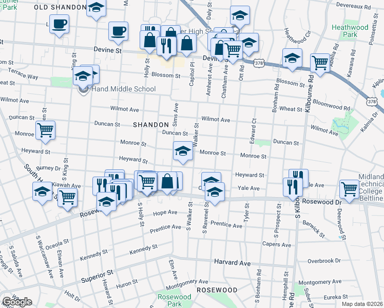 map of restaurants, bars, coffee shops, grocery stores, and more near 3134 Monroe Street in Columbia