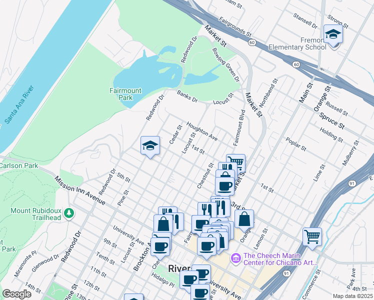 map of restaurants, bars, coffee shops, grocery stores, and more near 4262 1st Street in Riverside