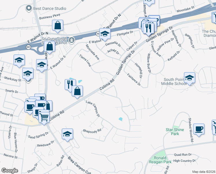 map of restaurants, bars, coffee shops, grocery stores, and more near 1348 Tierra Siesta in Walnut