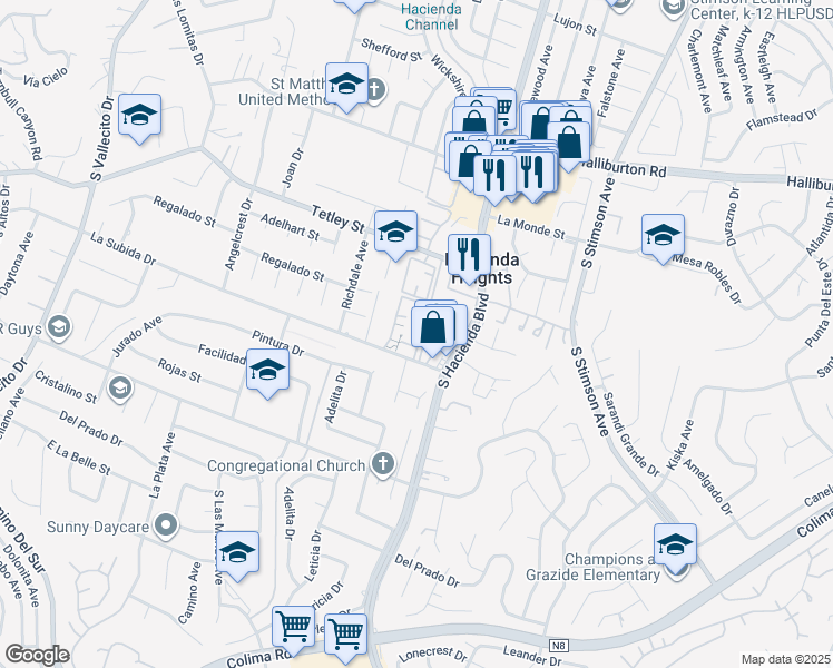 map of restaurants, bars, coffee shops, grocery stores, and more near 15733 La Subida Drive in Hacienda Heights