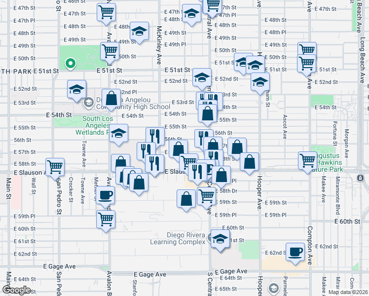 map of restaurants, bars, coffee shops, grocery stores, and more near 935 56th Street in Los Angeles