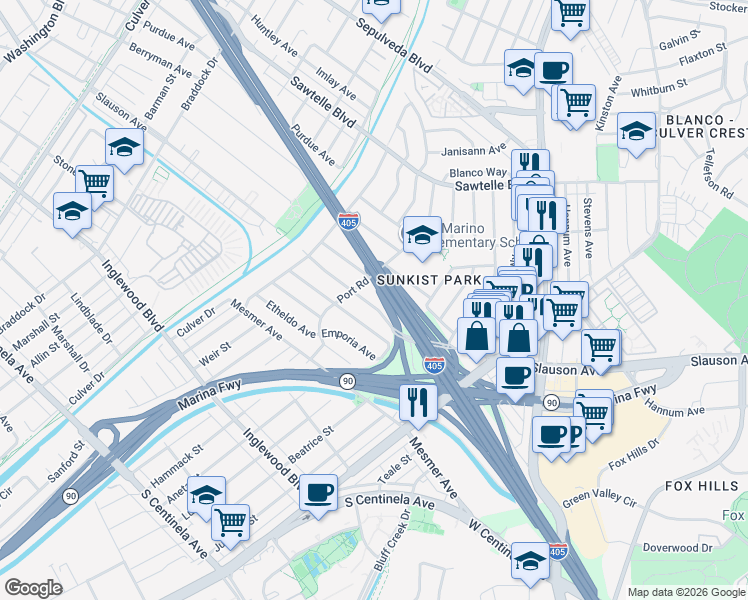 map of restaurants, bars, coffee shops, grocery stores, and more near 11550 Port Road in Culver City