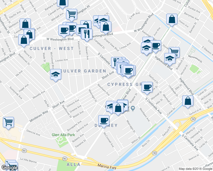 map of restaurants, bars, coffee shops, grocery stores, and more near 12473 Gilmore Avenue in Los Angeles