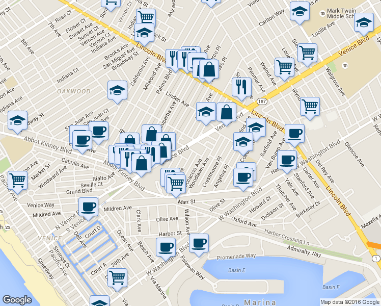 map of restaurants, bars, coffee shops, grocery stores, and more near 703 North Venice Boulevard in Los Angeles
