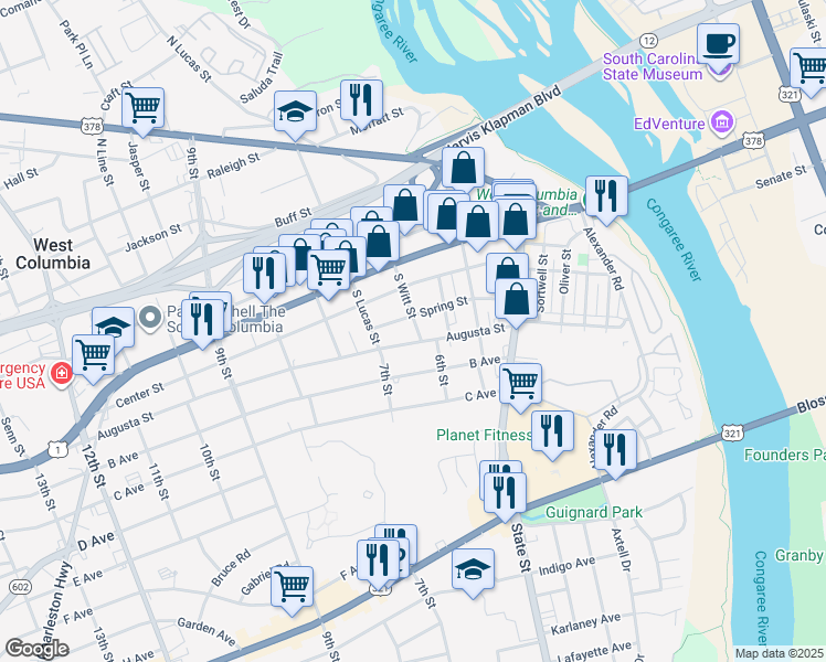 map of restaurants, bars, coffee shops, grocery stores, and more near 553 Spring Street in West Columbia