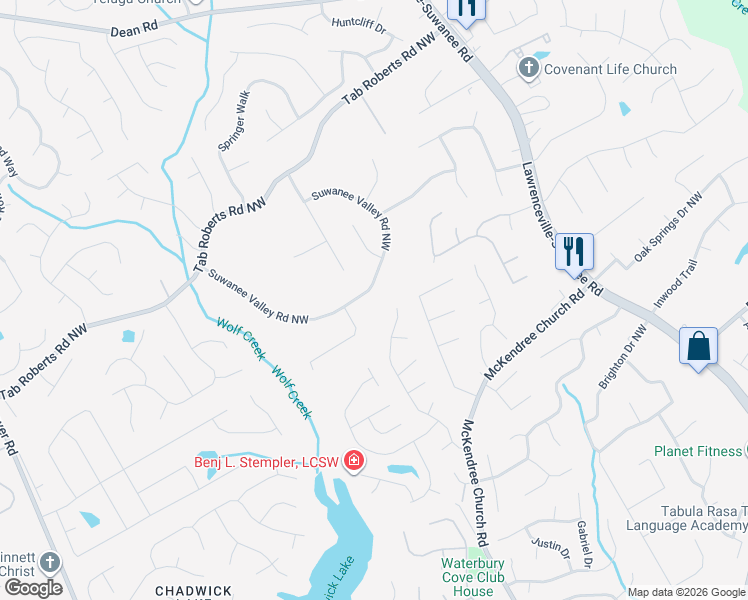 map of restaurants, bars, coffee shops, grocery stores, and more near 1845 Suwanee Valley Road Northwest in Lawrenceville