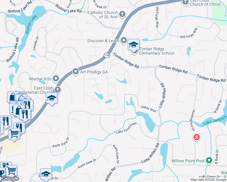 map of restaurants, bars, coffee shops, grocery stores, and more near 4790 Old Timber Ridge Road in Marietta