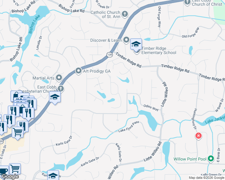 map of restaurants, bars, coffee shops, grocery stores, and more near 4809 Old Timber Ridge Road in Marietta