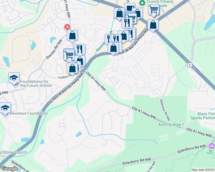 map of restaurants, bars, coffee shops, grocery stores, and more near 1520 Old 41 Highway Northwest in Kennesaw