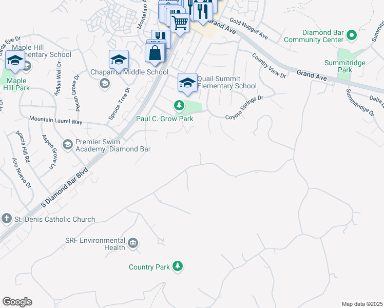map of restaurants, bars, coffee shops, grocery stores, and more near 23431 Ridge Line Road in Diamond Bar