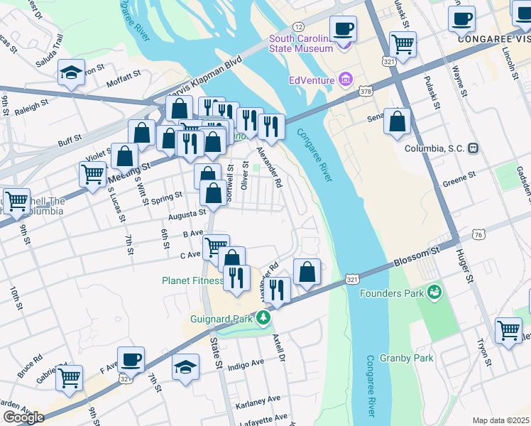map of restaurants, bars, coffee shops, grocery stores, and more near 326 Carpenter Street in West Columbia