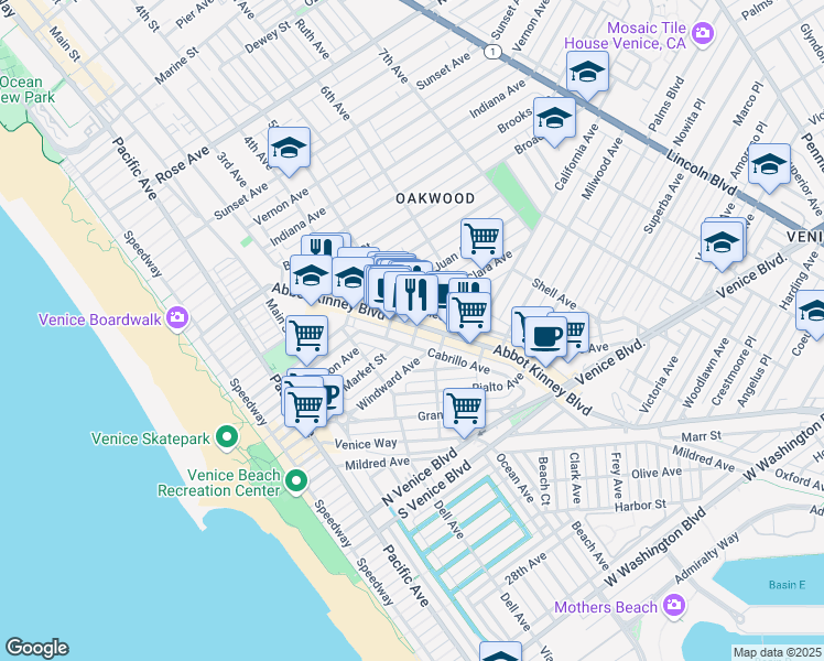 map of restaurants, bars, coffee shops, grocery stores, and more near 1231 Abbot Kinney Boulevard in Los Angeles