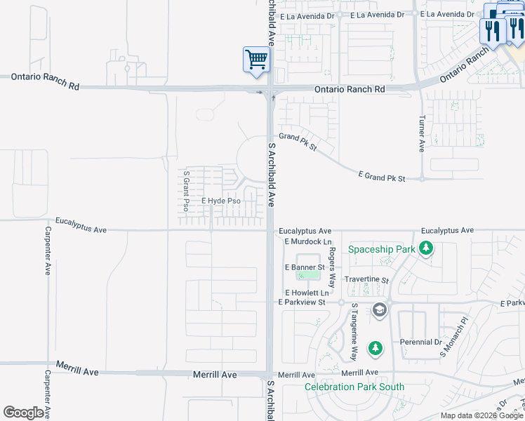 map of restaurants, bars, coffee shops, grocery stores, and more near 4545 South Patterson Paseo in Ontario