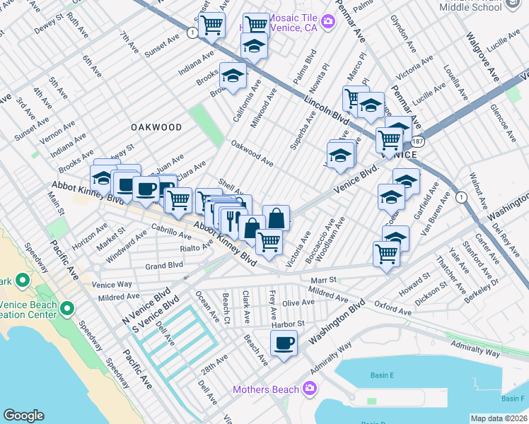 map of restaurants, bars, coffee shops, grocery stores, and more near 704 Superba Avenue in Los Angeles