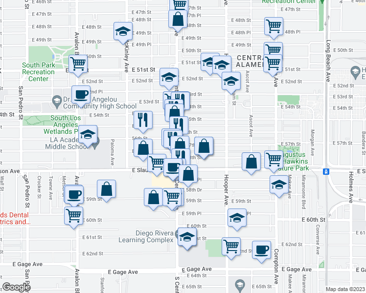 map of restaurants, bars, coffee shops, grocery stores, and more near 1122 East 57th Street in Los Angeles