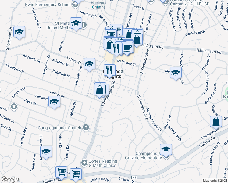 map of restaurants, bars, coffee shops, grocery stores, and more near 2440 South Hacienda Boulevard in Hacienda Heights