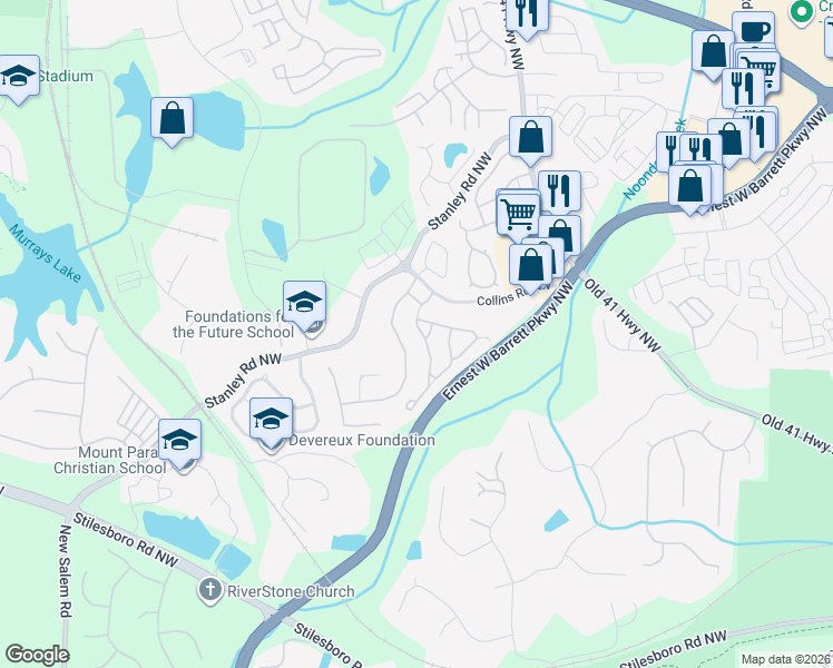 map of restaurants, bars, coffee shops, grocery stores, and more near 1563 Rachel's Ridge Northwest in Kennesaw