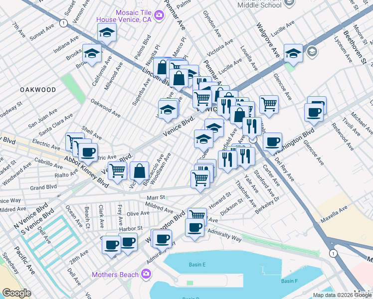 map of restaurants, bars, coffee shops, grocery stores, and more near 817 Crestmoore Place in Los Angeles