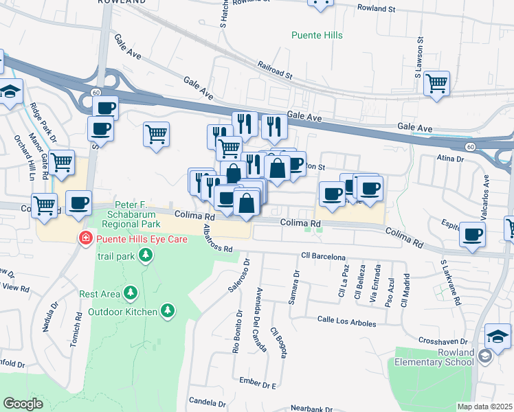 map of restaurants, bars, coffee shops, grocery stores, and more near 1661 Hanover Road in City of Industry