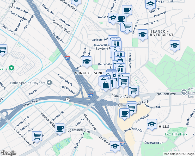 map of restaurants, bars, coffee shops, grocery stores, and more near 11454 Patom Drive in Culver City