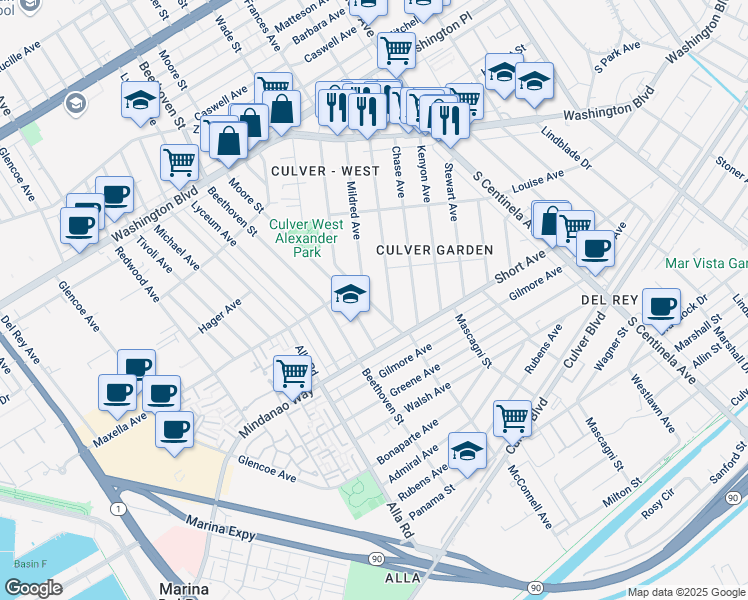 map of restaurants, bars, coffee shops, grocery stores, and more near 4314 Mildred Avenue in Los Angeles