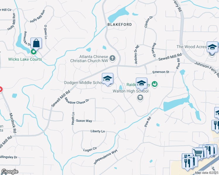 map of restaurants, bars, coffee shops, grocery stores, and more near 1725 Bill Murdock Road in Marietta