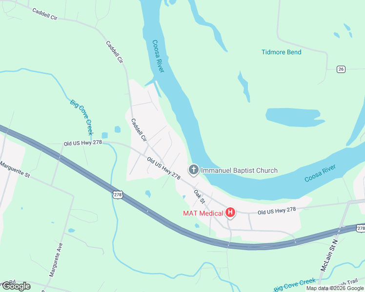 map of restaurants, bars, coffee shops, grocery stores, and more near 3301 Shaw Street in Gadsden