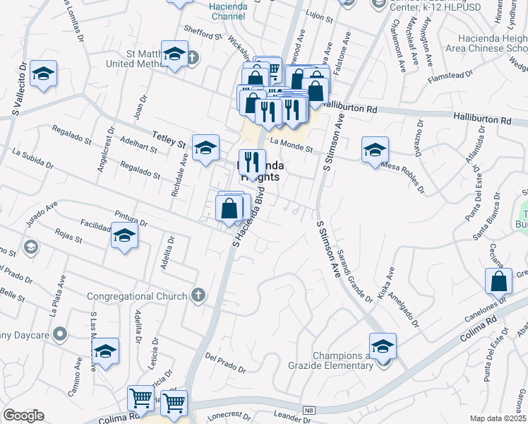 map of restaurants, bars, coffee shops, grocery stores, and more near 2440 South Hacienda Boulevard in Hacienda Heights