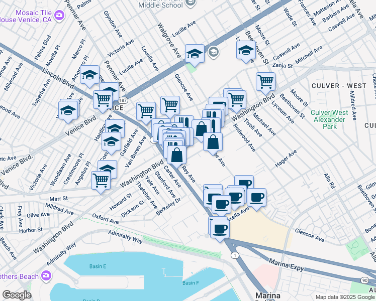 map of restaurants, bars, coffee shops, grocery stores, and more near in Culver City
