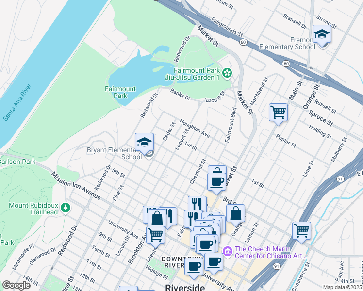 map of restaurants, bars, coffee shops, grocery stores, and more near 3124 Locust Street in Riverside