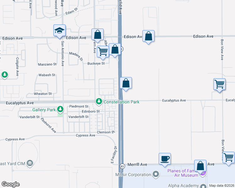 map of restaurants, bars, coffee shops, grocery stores, and more near 14426 Euclid Avenue in Chino