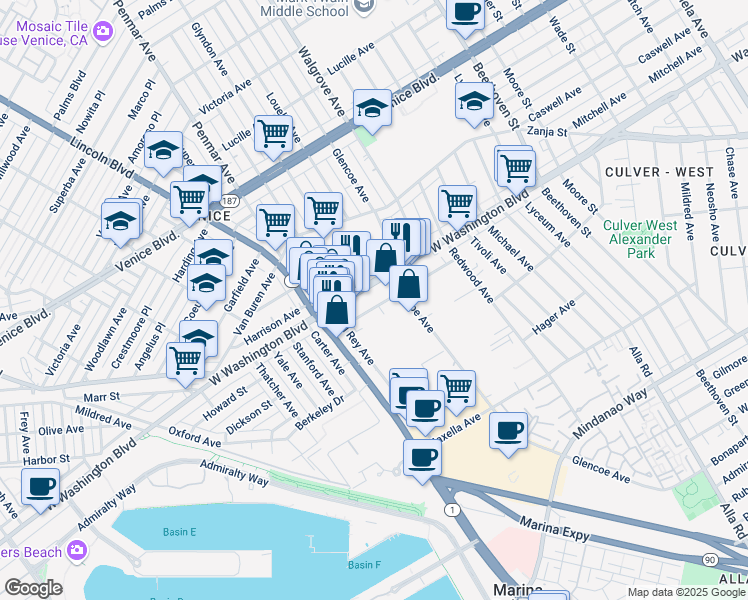 map of restaurants, bars, coffee shops, grocery stores, and more near in Culver City
