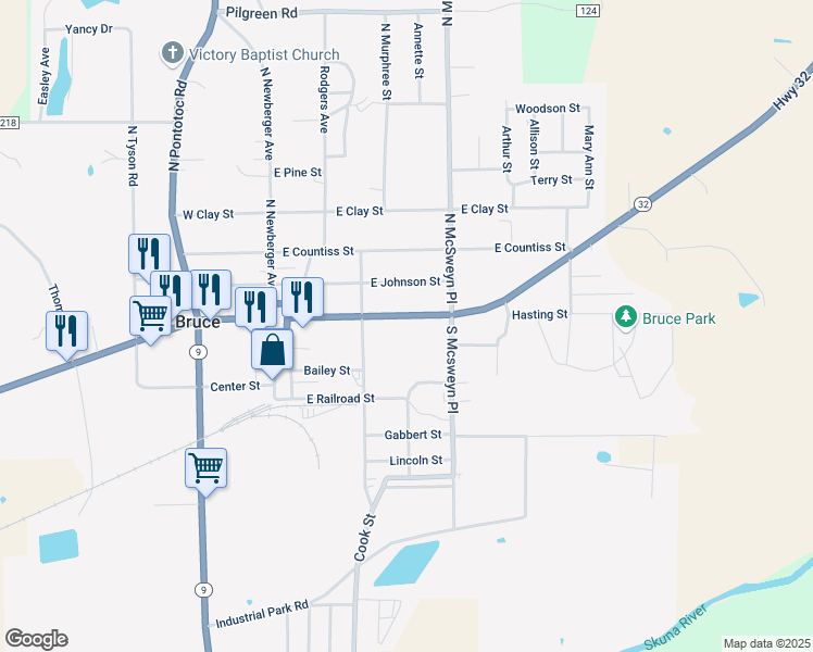 map of restaurants, bars, coffee shops, grocery stores, and more near 203-231 Highway 32 in Bruce