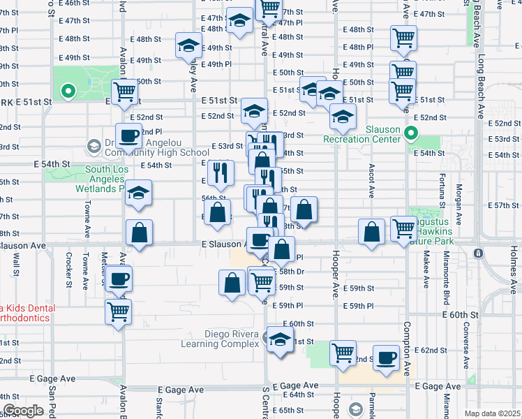 map of restaurants, bars, coffee shops, grocery stores, and more near 5601 South Central Avenue in Los Angeles