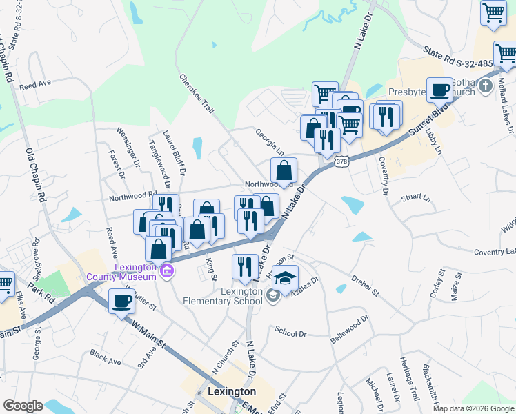 map of restaurants, bars, coffee shops, grocery stores, and more near 604 Northwood Road in Lexington