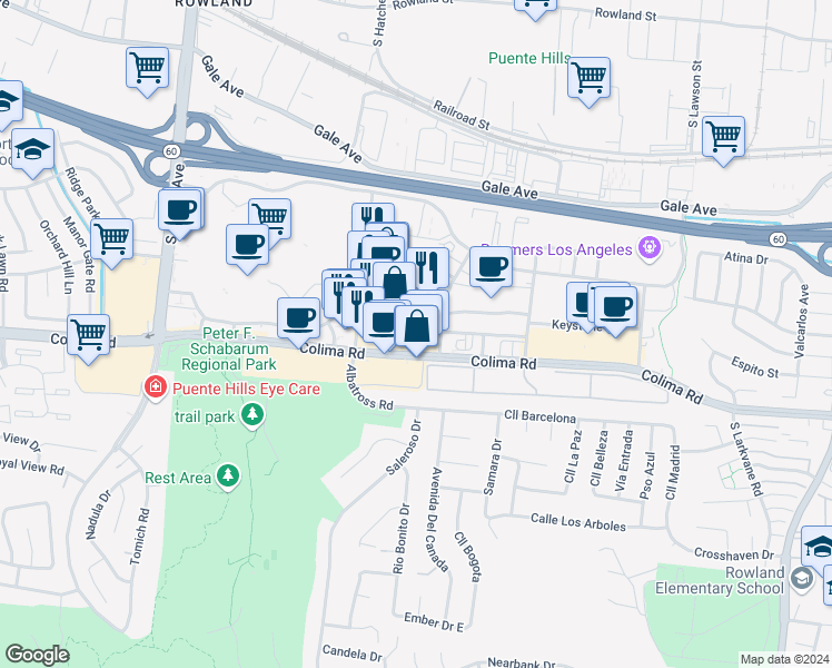 map of restaurants, bars, coffee shops, grocery stores, and more near 1661 Hanover Road in City of Industry