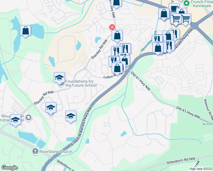 map of restaurants, bars, coffee shops, grocery stores, and more near 1507 Panther Creek Court in Kennesaw