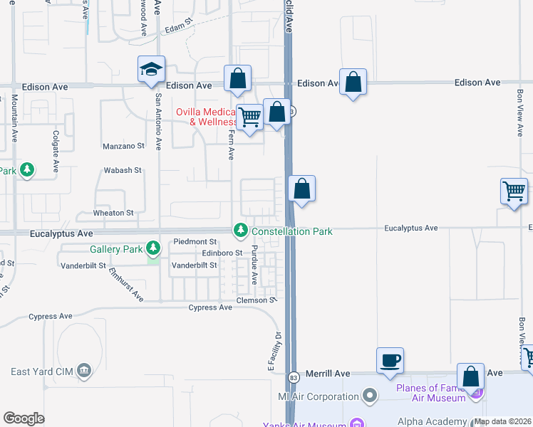 map of restaurants, bars, coffee shops, grocery stores, and more near 6982 Avignon Drive in Chino