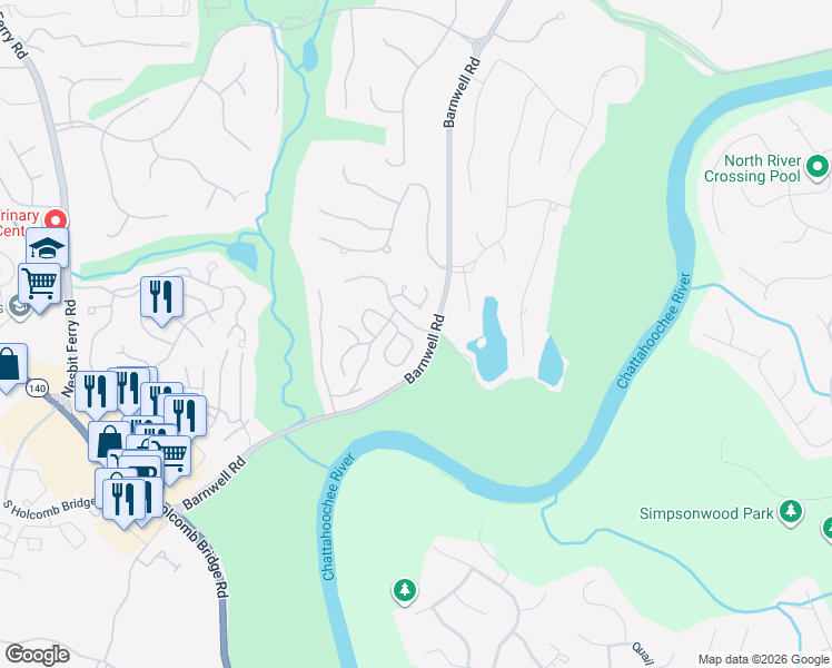 map of restaurants, bars, coffee shops, grocery stores, and more near 325 Brassy Ct in Alpharetta