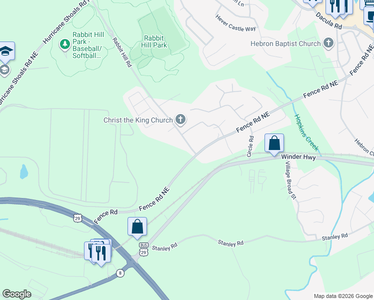 map of restaurants, bars, coffee shops, grocery stores, and more near 169 Rabbit Hill Road in Dacula