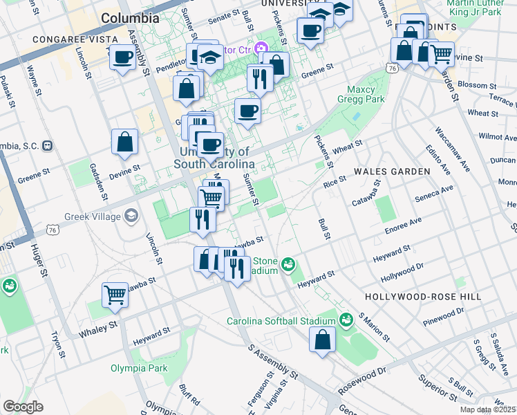 map of restaurants, bars, coffee shops, grocery stores, and more near 378 Sumter Street in Columbia