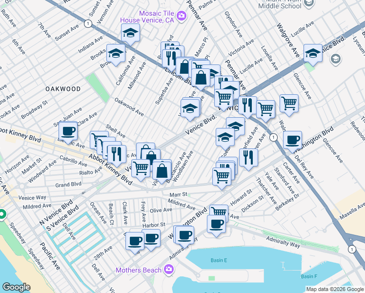 map of restaurants, bars, coffee shops, grocery stores, and more near Pisani Place in Los Angeles