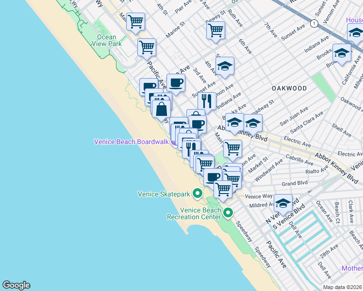 map of restaurants, bars, coffee shops, grocery stores, and more near 811 Ocean Front Walk in Los Angeles