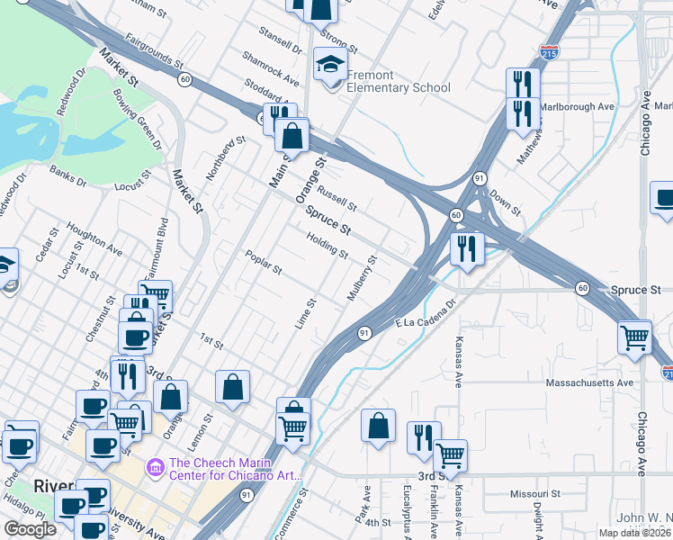 map of restaurants, bars, coffee shops, grocery stores, and more near 2526 Lime Street in Riverside